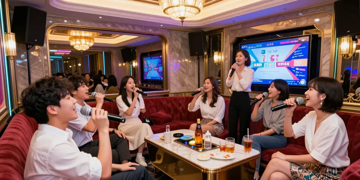 Engaging experience at 강남가라오케 with friends singing and enjoying drinks in a luxurious setting.