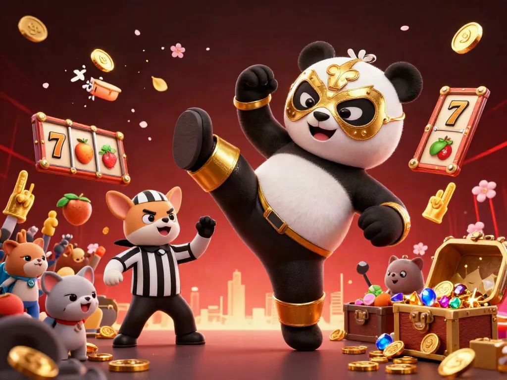 Gambaran menarik slot gacor dengan panda bertarung di tengah pesta koin emas dan simbol buah.