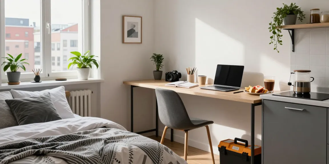 Monteurzimmer mieten Hannover: gemütliches Zimmer mit Arbeitsplatz, Küche und Stadtblick für Monteure und Reisende