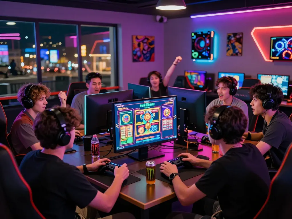 Engaging slot gacor hari ini gaming scene with friends cheering and strategies discussed in a modern lounge.