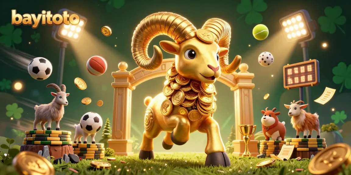 Engage with bayitoto's exciting betting arena, featuring a dynamic golden ram charging and sports elements.