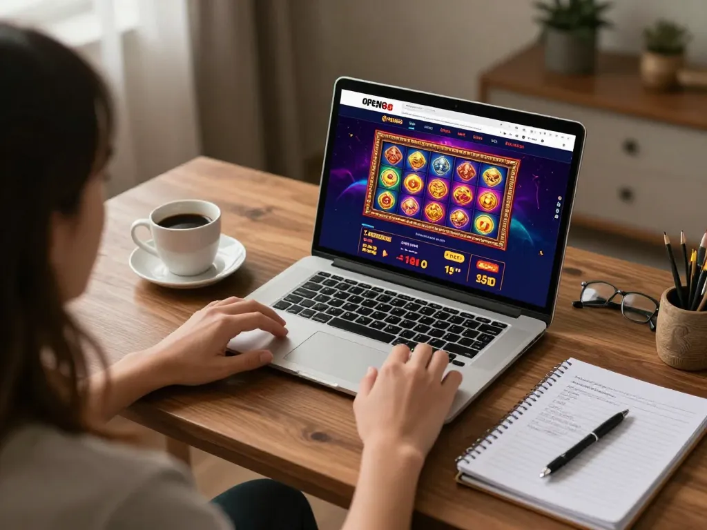 Experience engaging online gameplay at open88 with a laptop displaying vibrant casino games.