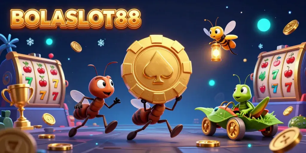 BOLASLOT88 showcases a team of cartoon ants on a thrilling heist, bursting with vibrant casino elements.
