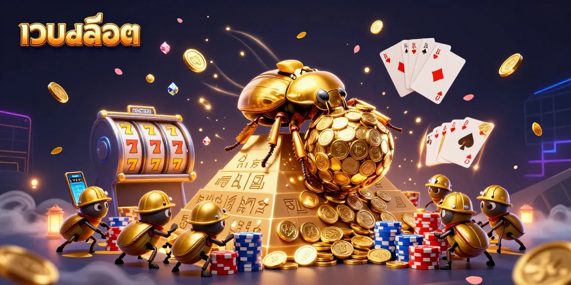 Engage with เว็บสล็อต showcasing vibrant 3D illustration of golden beetles in a casino-themed scene.