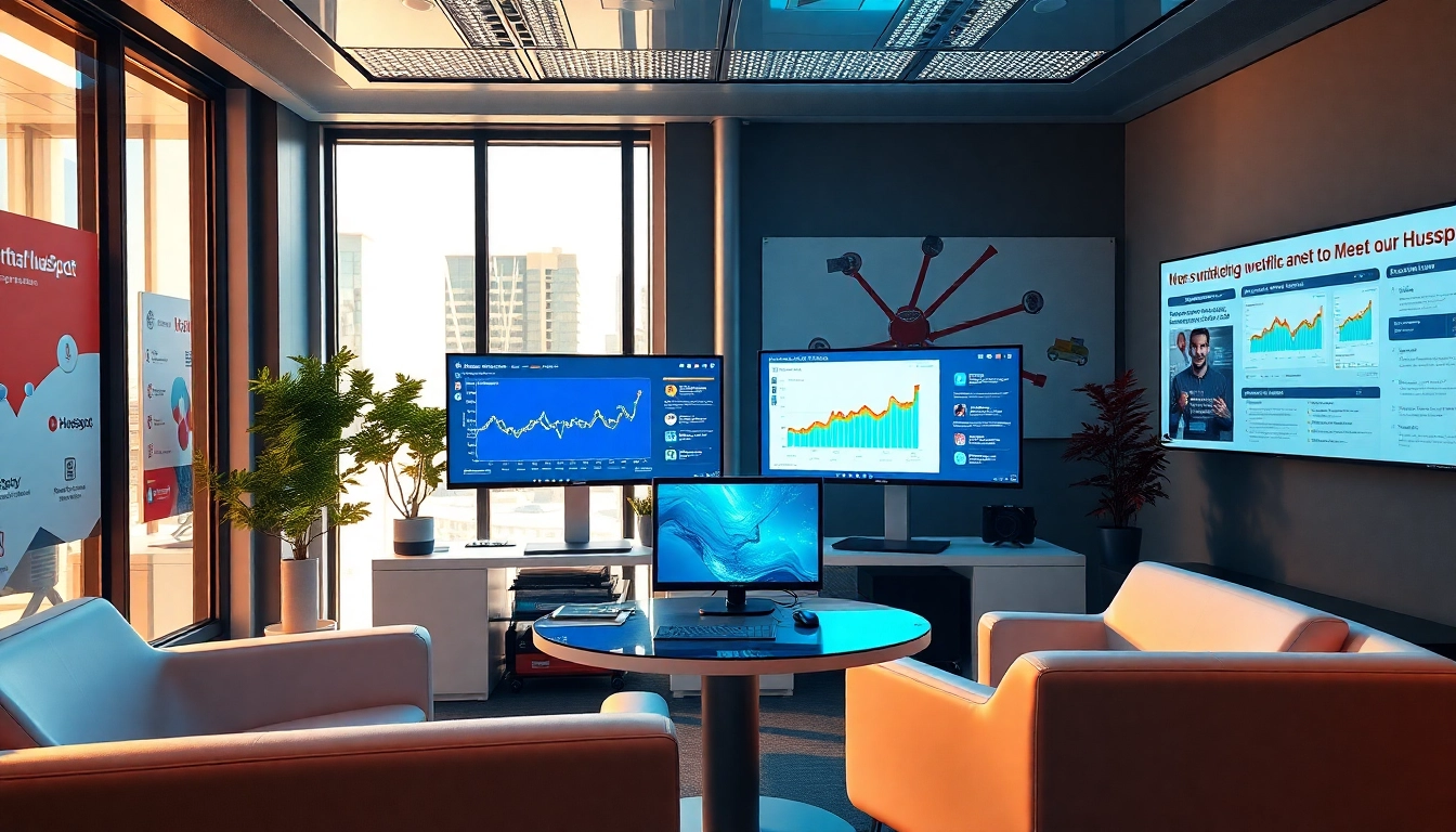 Showcase digital marketing tools emphasizing hubspot free capabilities in a modern workspace.