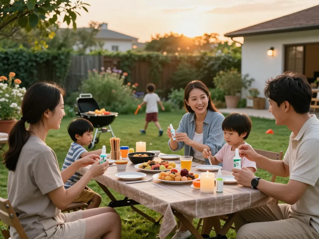 Family applies mosquito repellent while enjoying a backyard barbecue.