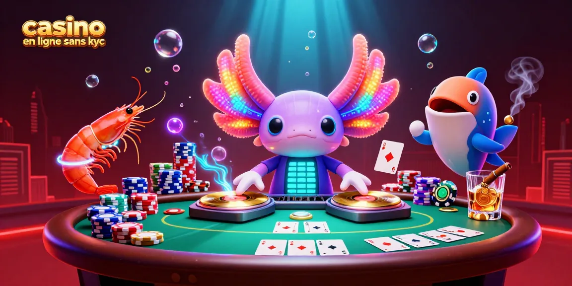 Jouer à un casino en ligne sans KYC avec une illustration dynamique d'axolotl DJ et des éléments de poker