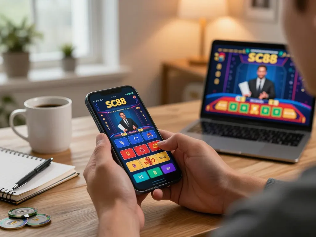Player using SC88 mobile app for betting in a cozy home setting, showcasing live dealer interaction.