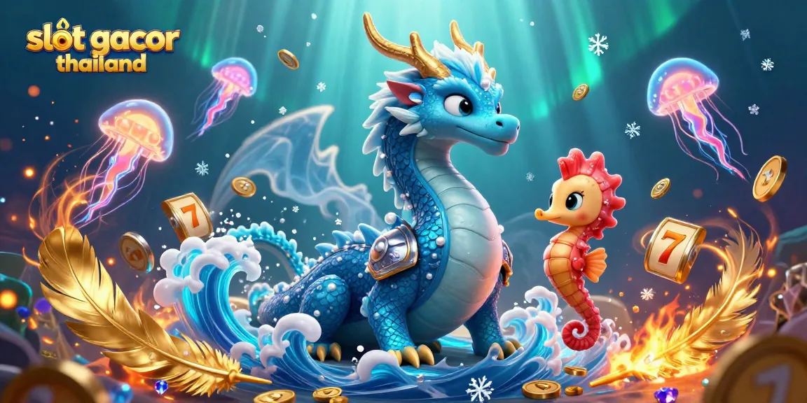 Engage with the vibrant scene of slot gacor thailand showcasing a dragon, knight, and jellyfish amidst exciting slot game elements.