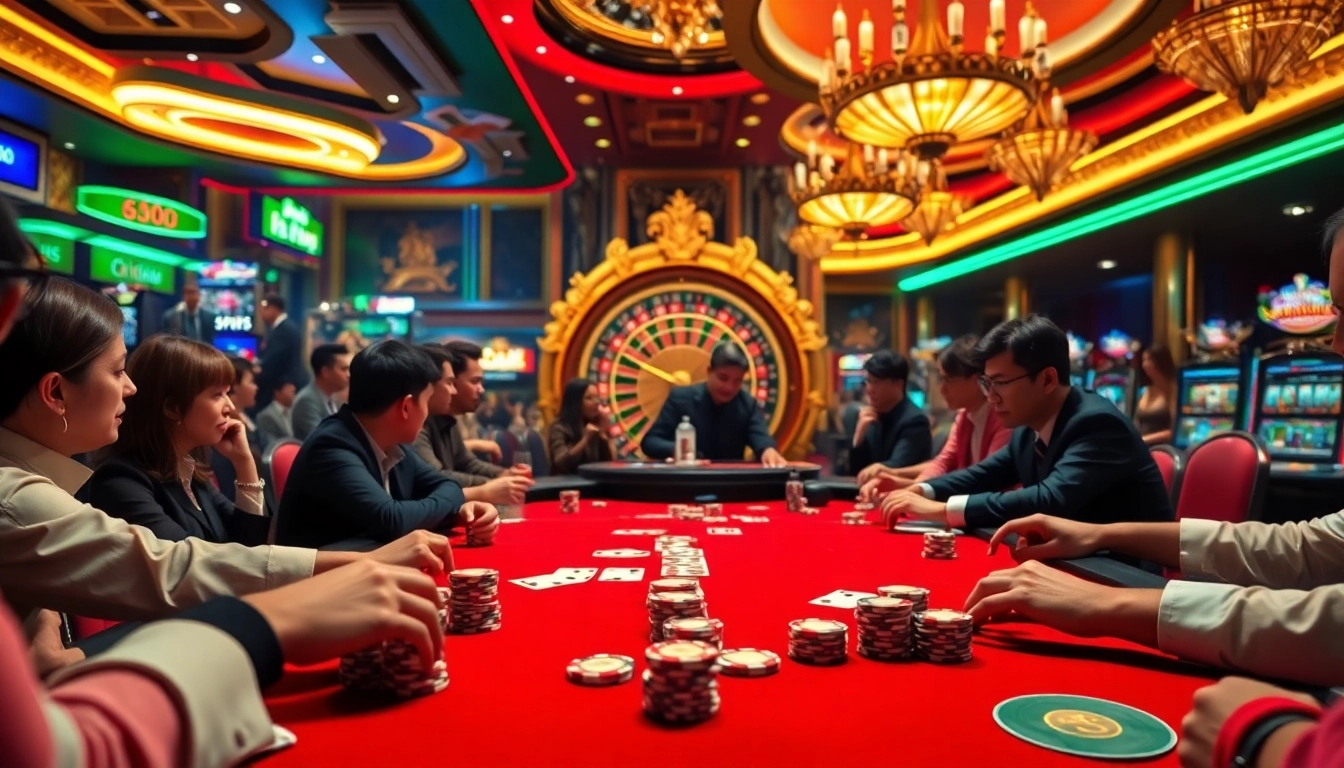 Experience the thrill of gaming at Nhà Cái BJ888 with vibrant casino imagery featuring poker tables and roulette wheels.