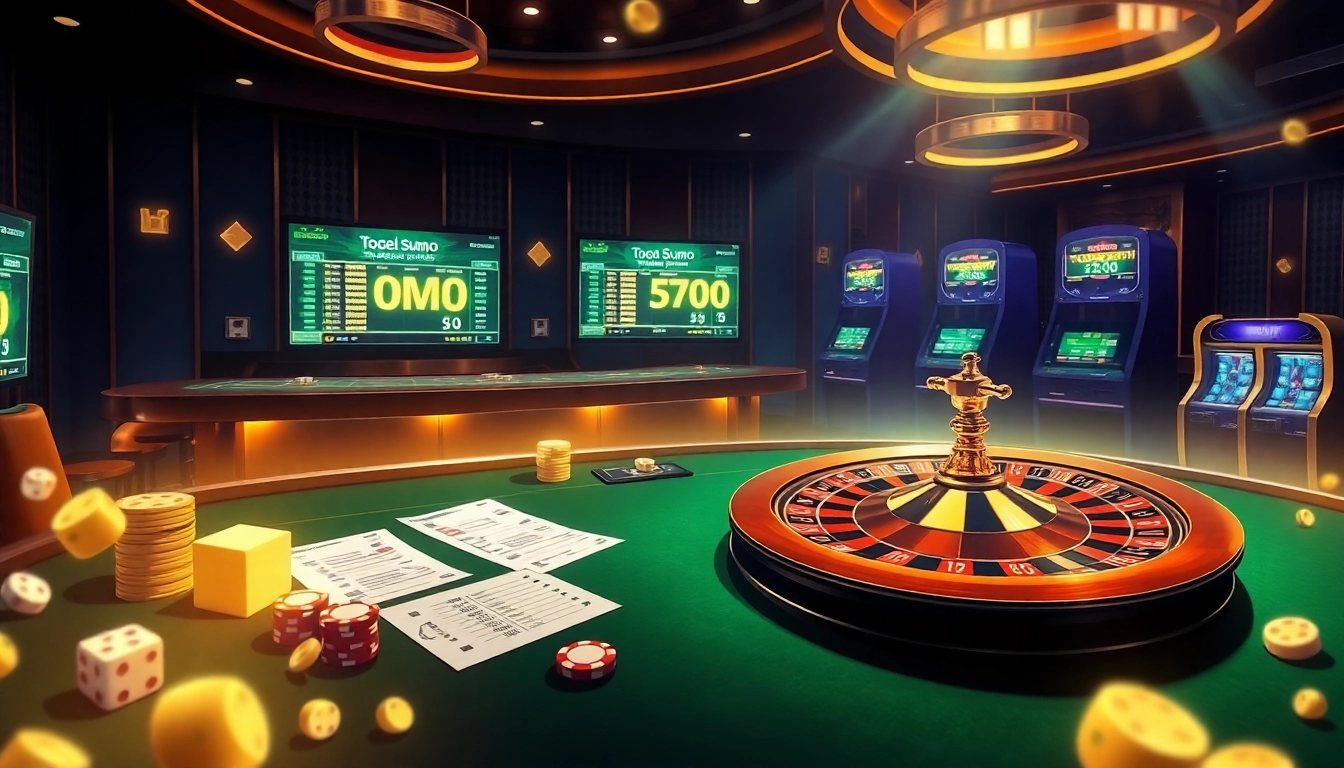 Aksi taruhan Togel Sumo di kasino online mewah dengan meja berwarna-warni dan elemen perjudian yang dinamis.