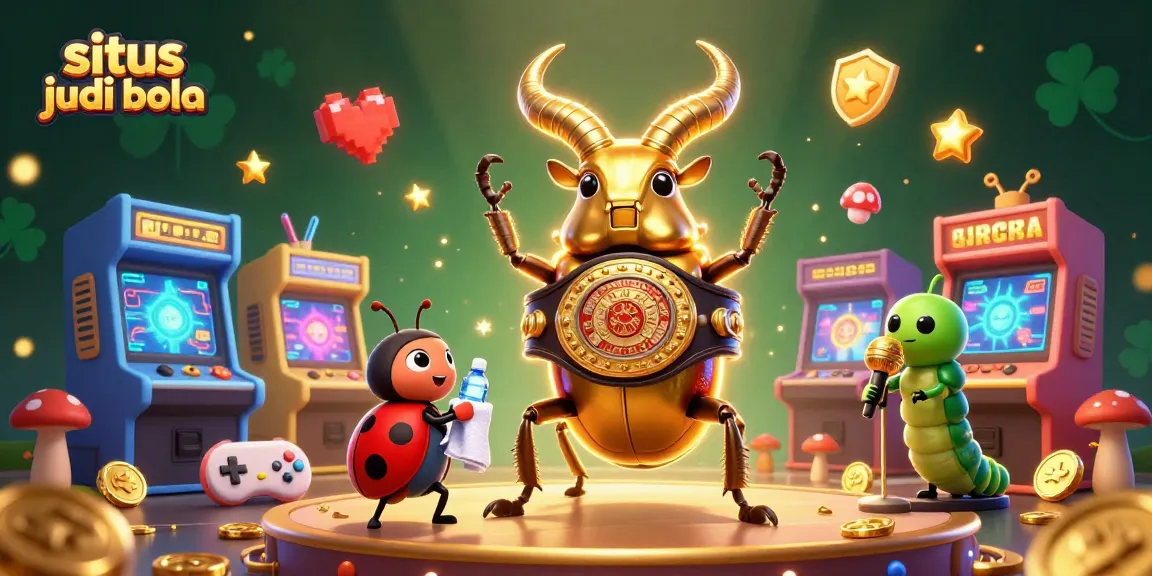 Situs judi bola showcases thrilling sports betting action with a vibrant 3D illustration of a boxing stag beetle and gaming elements.