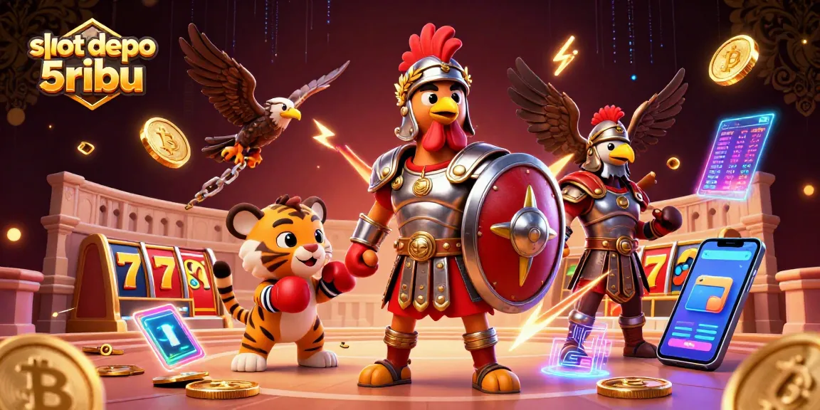 Engage with the dynamic slot depo 5ribu scene, featuring characters and slot game elements in a vibrant colosseum setting.