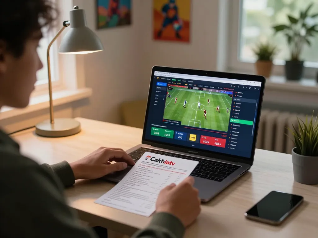 Cakhiatv user engaging in live sports betting on a laptop in a cozy home setting, showcasing dynamic odds and exciting gameplay.