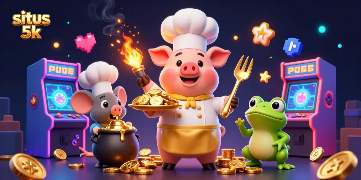 Experience epic wins with situs 5k as a chef pig serves gold coins, showcasing vibrant casino action.