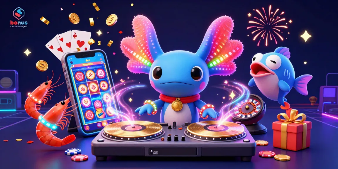 Profitez des bonus casino en ligne avec un DJ axolotl en néon, créant une ambiance festive de casino.