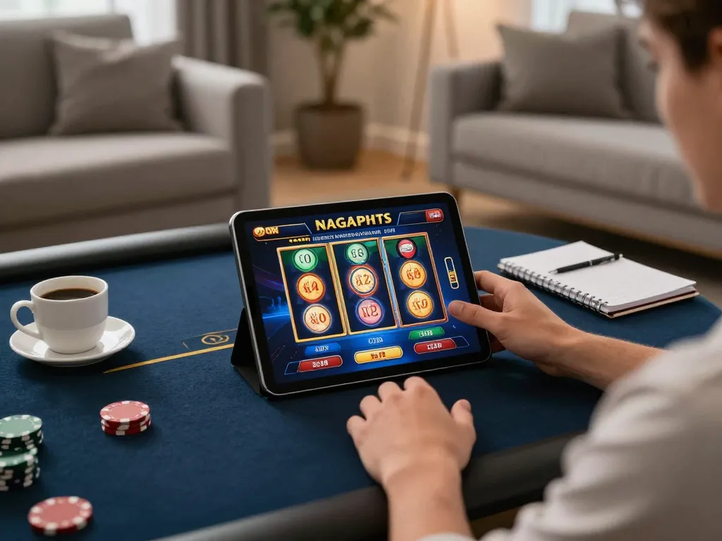 Play nagapoker slot on a tablet in a cozy home setting with drinks and strategy notes.