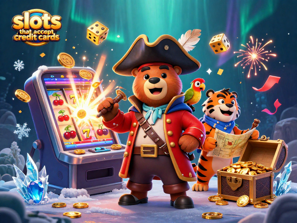 Play exciting slots that accept credit cards with engaging characters in a vibrant casino scene.