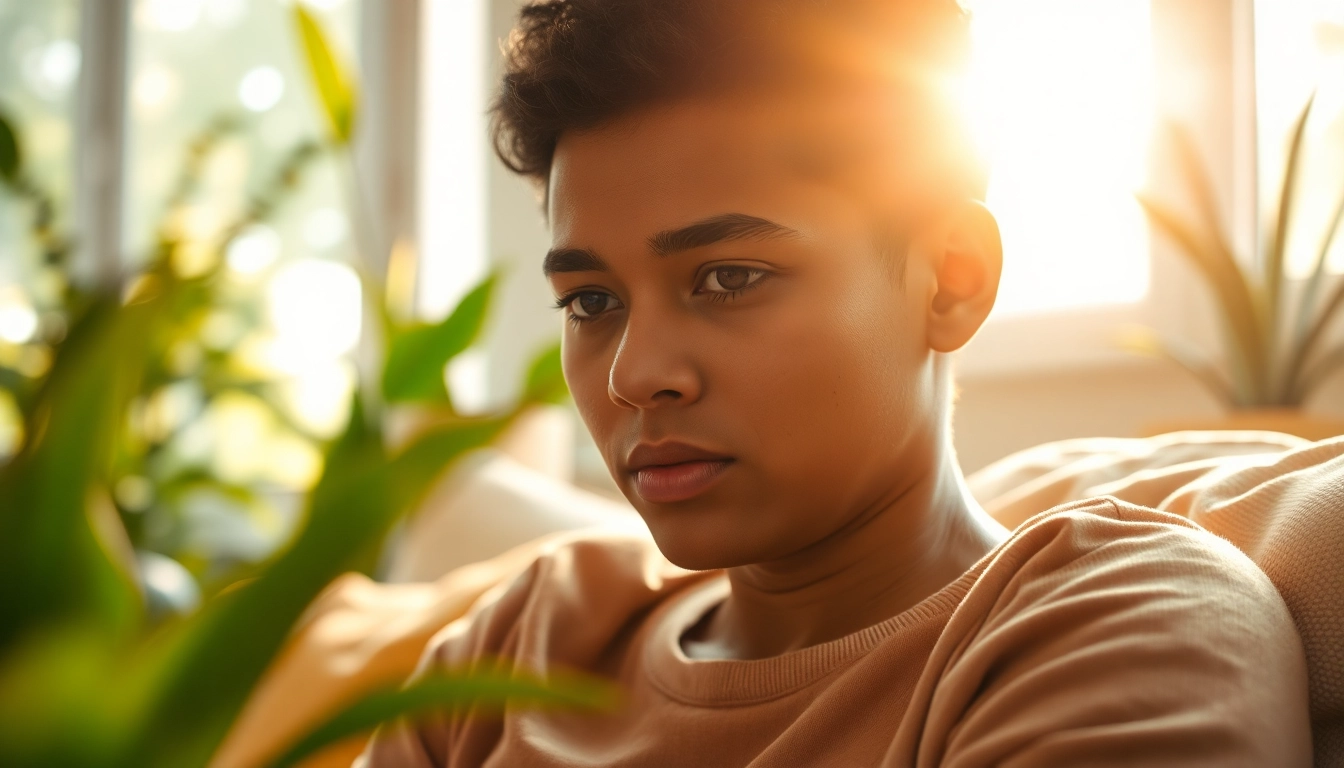 Person contemplating in a bright room, representing depression symptoms with calm surroundings.