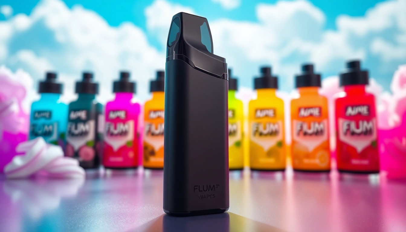 Showcasing the flum float disposable vape with colorful flavor options in a vibrant setting.