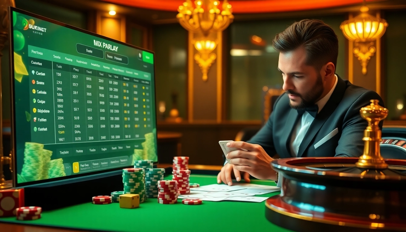 Experience an exciting Mix Parlay betting moment at a luxurious casino with vibrant poker chips and dynamic betting slips.