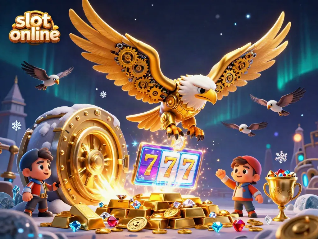 Menangkan pengalaman slot online dengan karakter elang sibernetik dan elemen kasino yang berkilauan.