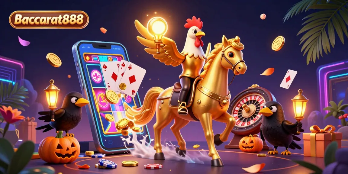 Baccarat888 showcases a vibrant 3D scene illustrating a golden rooster and haunted companions enjoying slot games and casino excitement.