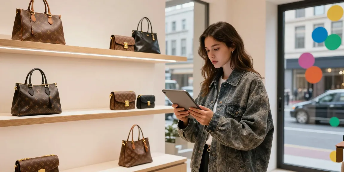 Stylish model exploring 레플리카 fashion accessories in a boutique with vibrant decor.
