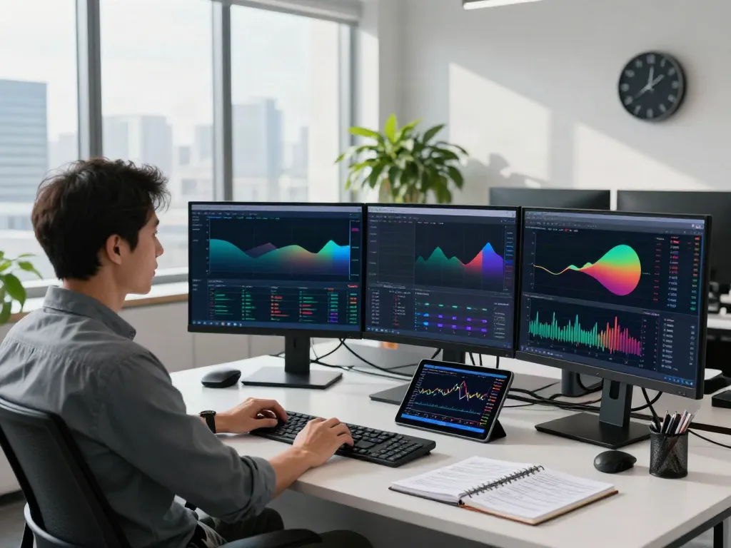Experienced trader using TradingView in a modern office with real-time charts and analytics.