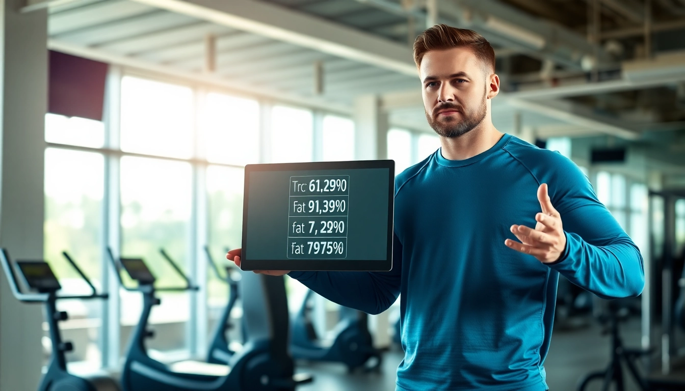Calculate your body fat percentage calculator with a professional trainer in a gym setting.