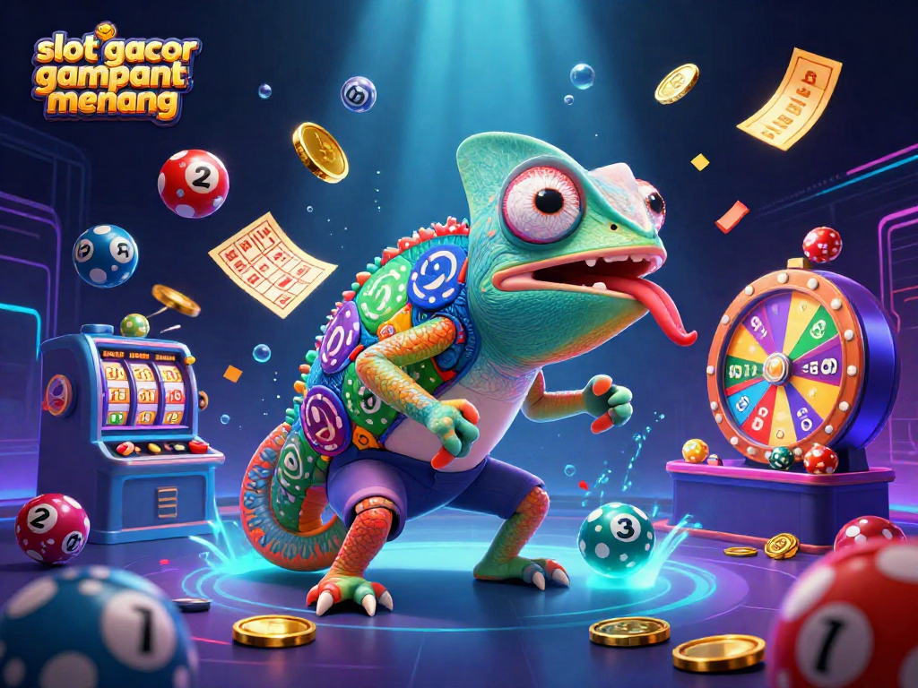 Engage with slot gacor gampang menang visuals in this vibrant casino scene featuring the chameleon owner.