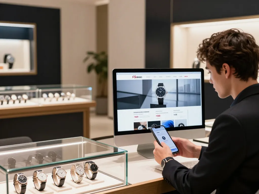 Person browsing stylish 시계 레플리카 on luxury e-commerce site in urban setting