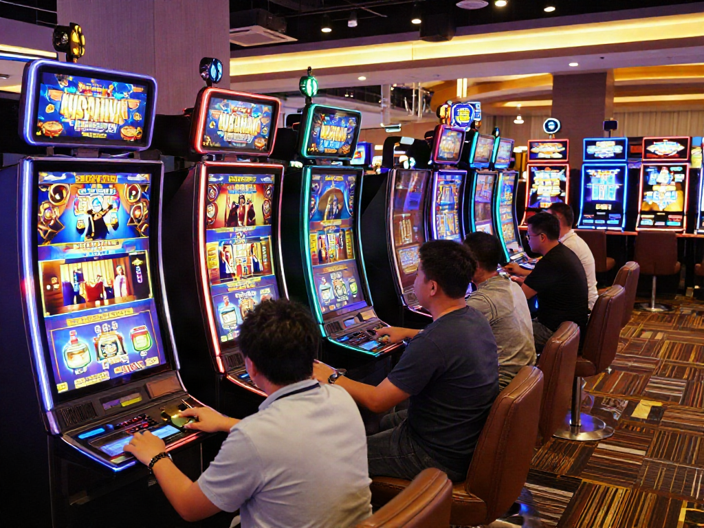 Players engaged at slot machines in a lively casino, showcasing the excitement of slot server kamboja.