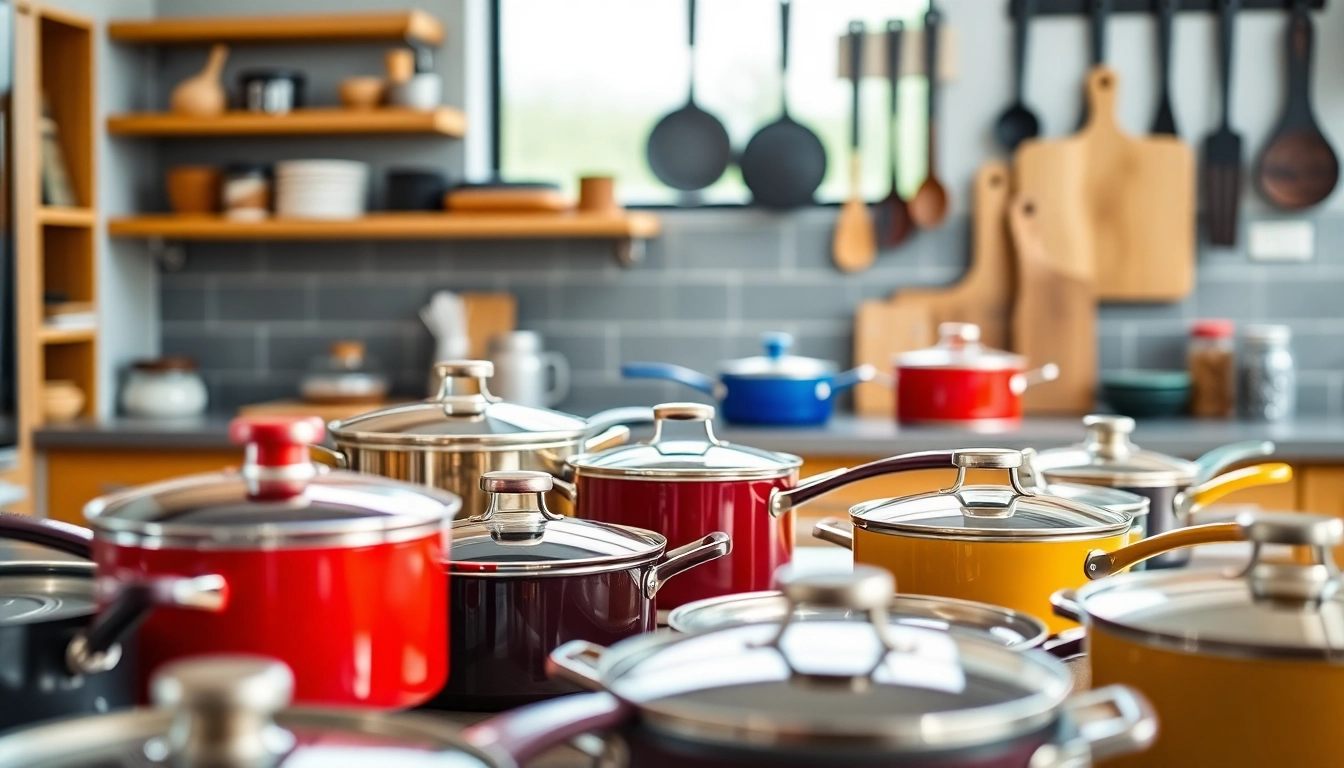 Explore vibrant cookware shop Auckland collection displayed attractively in a modern kitchen.