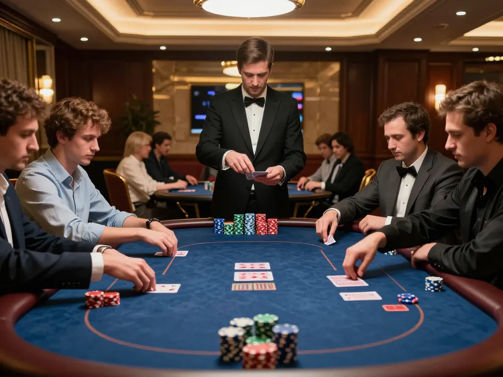 Players enjoying strategic poker gameplay at a luxurious casino, showcasing cm88-yu with intense card action and professional atmosphere.