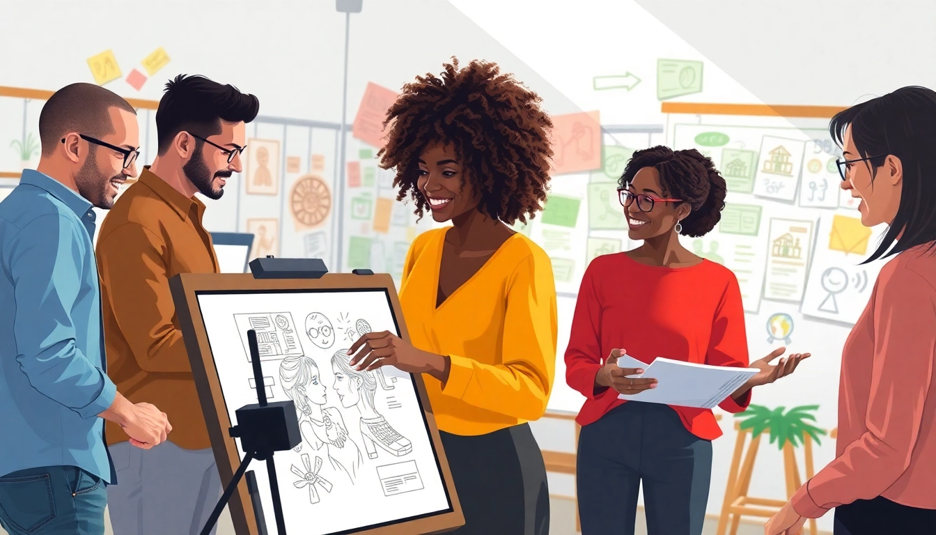 Professionals collaborating in a Unternehmensanimation studio with vibrant designs.