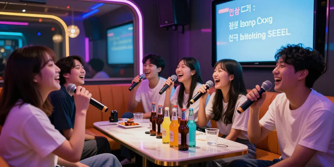 Friends enjoying a lively night at 인천쓰리노 karaoke lounge with vibrant ambiance and drinks.