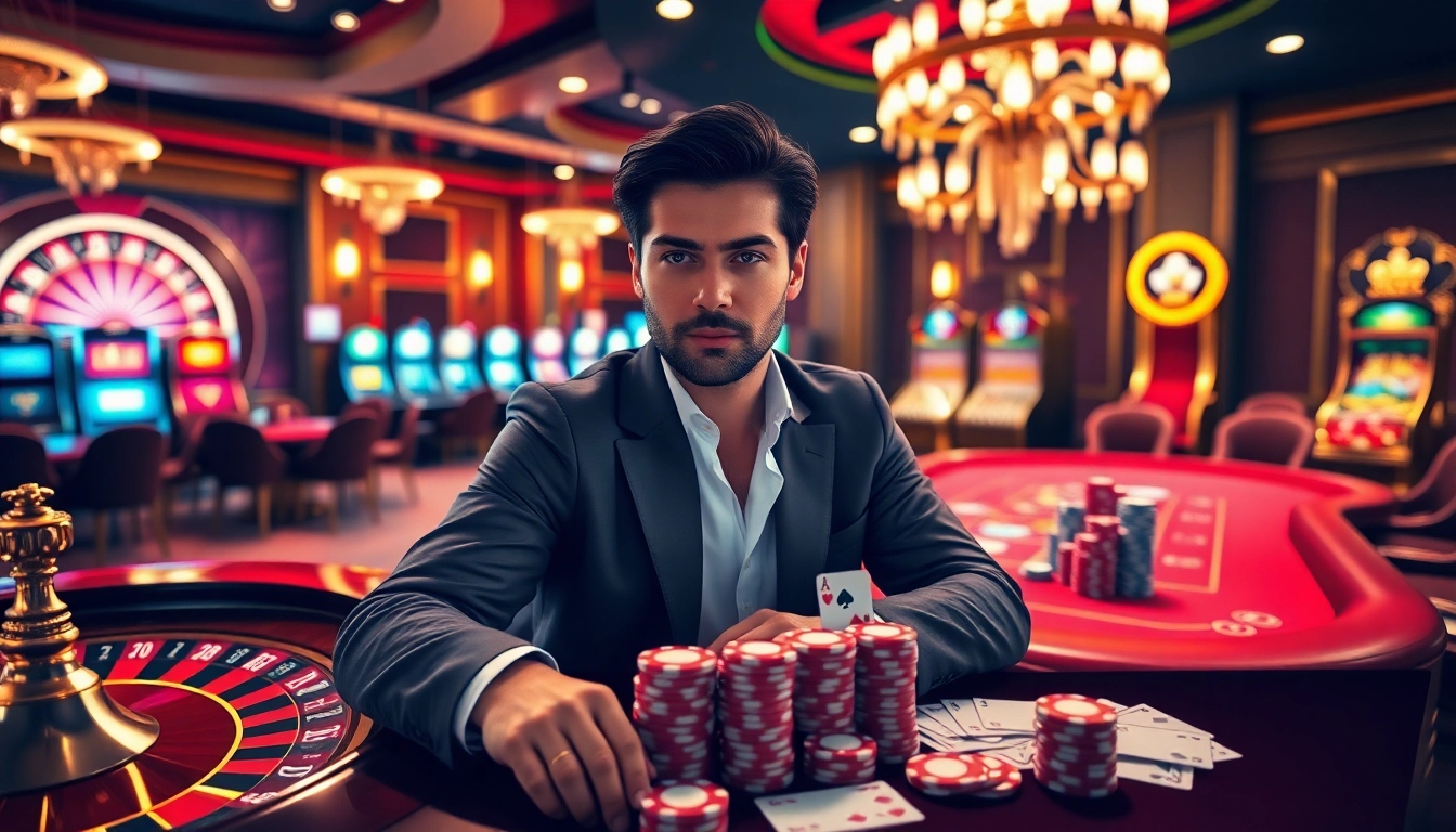 Gameplay captivant dans un casino en ligne France fiable avec des jetons de poker, des cartes et une roue de la roulette.