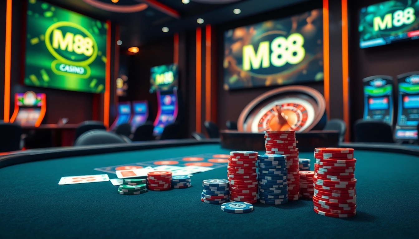 Engage with MM 88 at a luxurious online casino featuring poker chips, cards, and roulette.