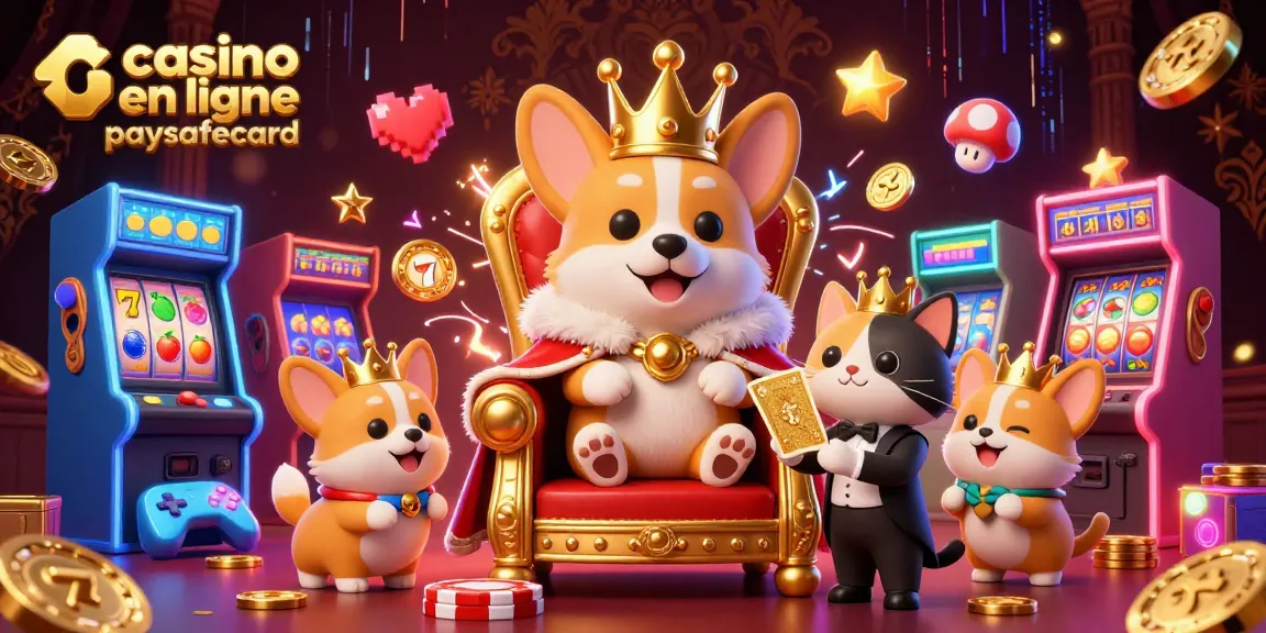 Jouez au casino en ligne paysafecard avec un corgi royal et une scène de luxe remplie de jeux colorés.