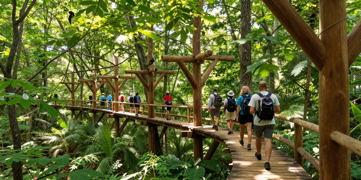 Treetop Walkway experience with adventure seekers on an elevated path through vibrant forest canopy.