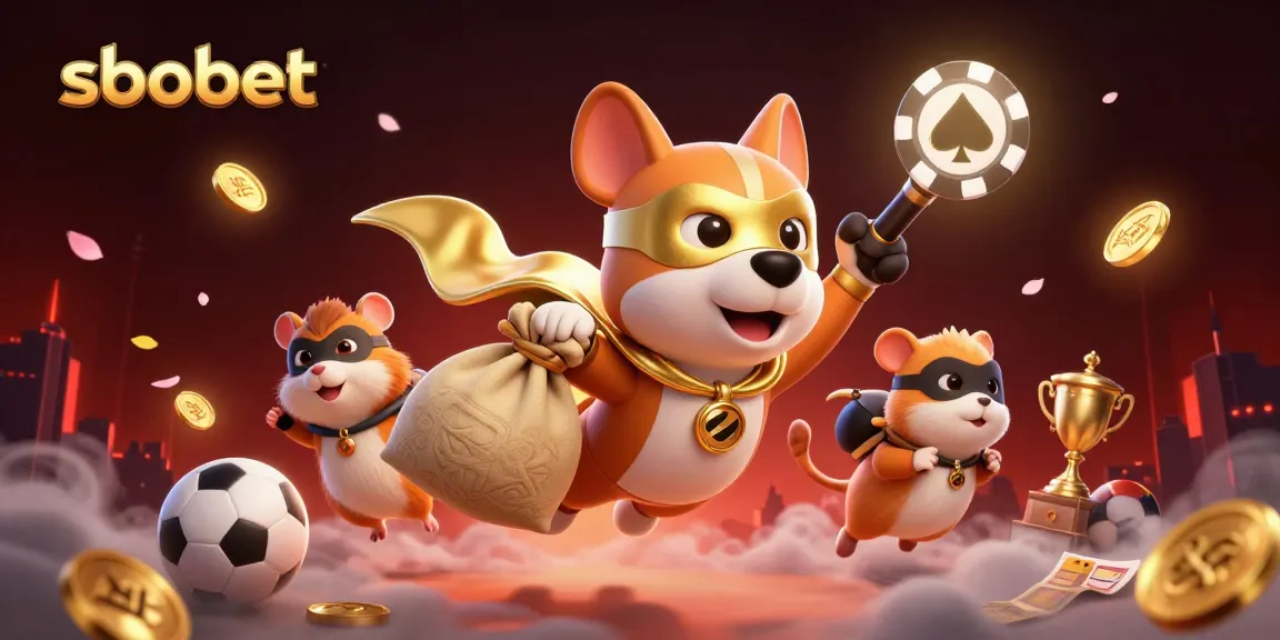 Engage in thrilling sbobet betting with sporty characters, gold coins, and excitement in the air.