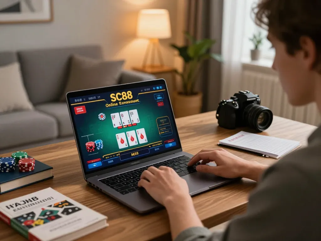 Player engaging in SC88 online betting, showing live dealer game and betting strategies in a cozy environment.