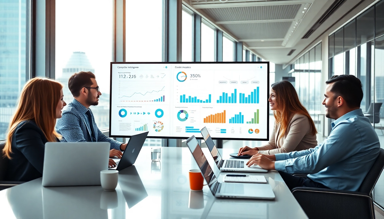 Analyze B2B competitive intelligence through a dynamic team collaboration in a modern office setting.