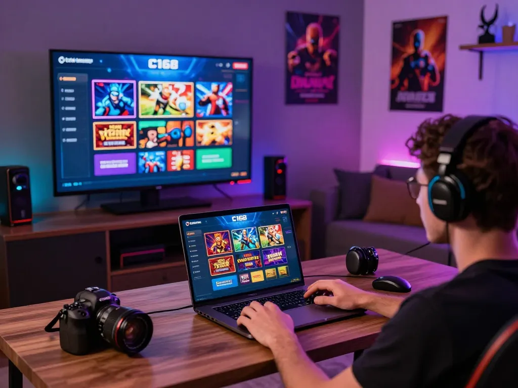 C168 online gaming experience with vibrant graphics, user engaging with diverse games in a lively atmosphere.