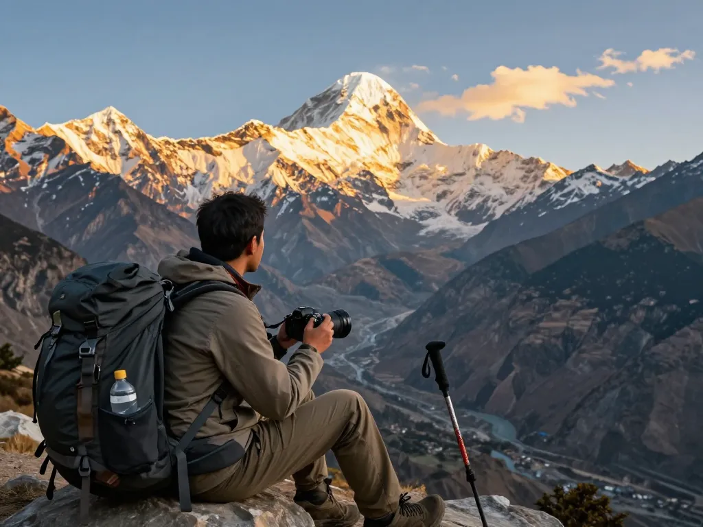 Trek to Annapurna Circuit with traveler at mountain viewpoint capturing breathtaking landscapes during golden hour.