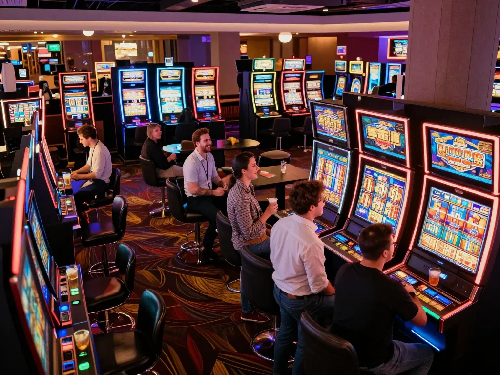 Players enjoying เว็บสล็อตตรง amidst vibrant slot machines in lively casino atmosphere.