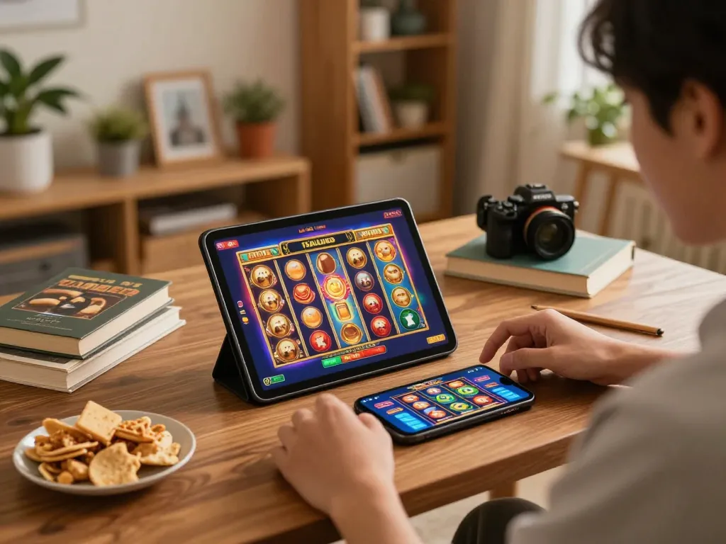 Engaging scene of a player interacting with slot thailand games on a tablet, showcasing home gaming setup and ambient atmosphere.