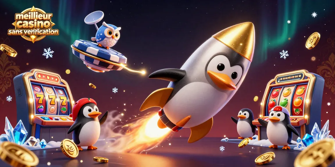 Jouez au meilleur casino sans vérification avec un pingouin doré propulsé par une fusée!