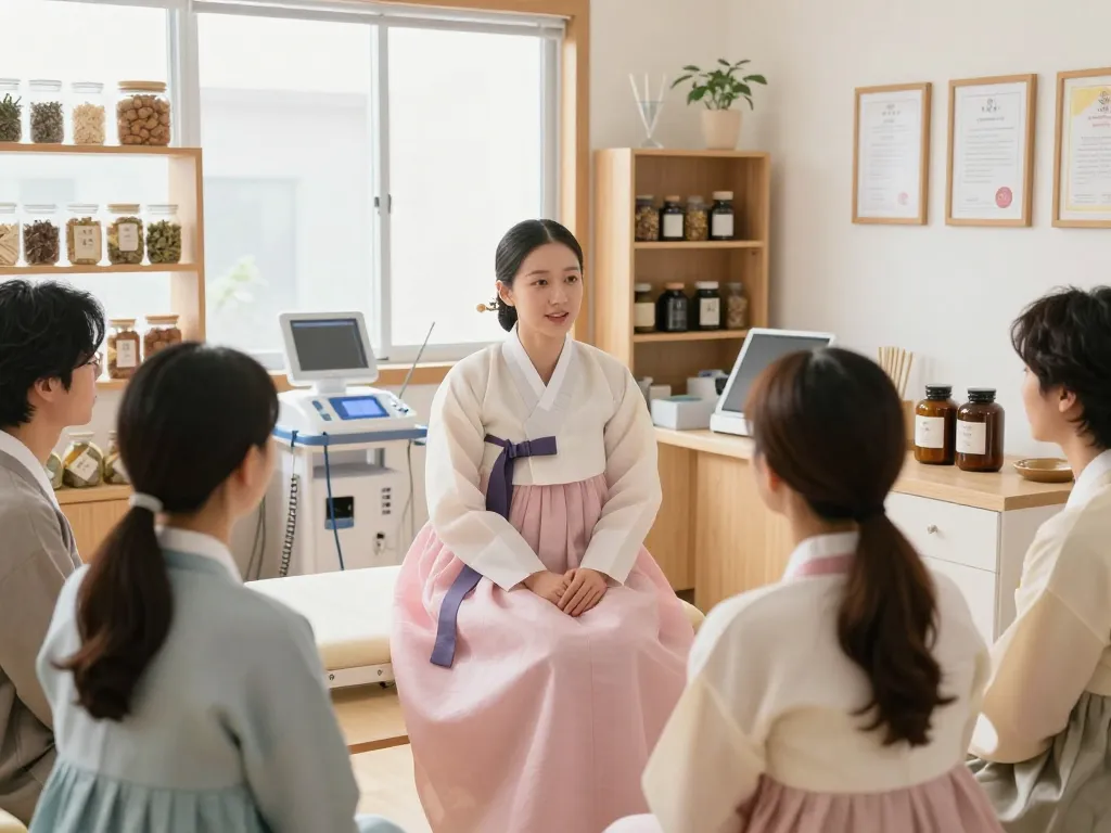 Expert consultation at 수원한의원 with diverse patients, showcasing traditional Korean medicine.